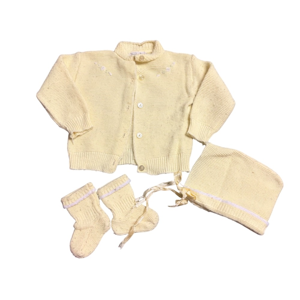 Vintage Sears Baby Sweater Set Yellow Knit Cardigan Bonnet Booties Orlon Acrylic